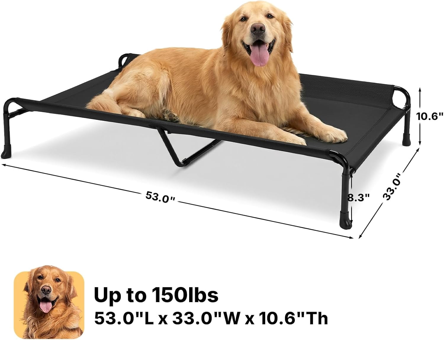 XXL Raised Dog Bed with Headrest Sides Washable Cooling Mesh Cot Non-Skid Feet Portable Pet Hammock Black 53.0"L x 33.0"W x 11.0"Th