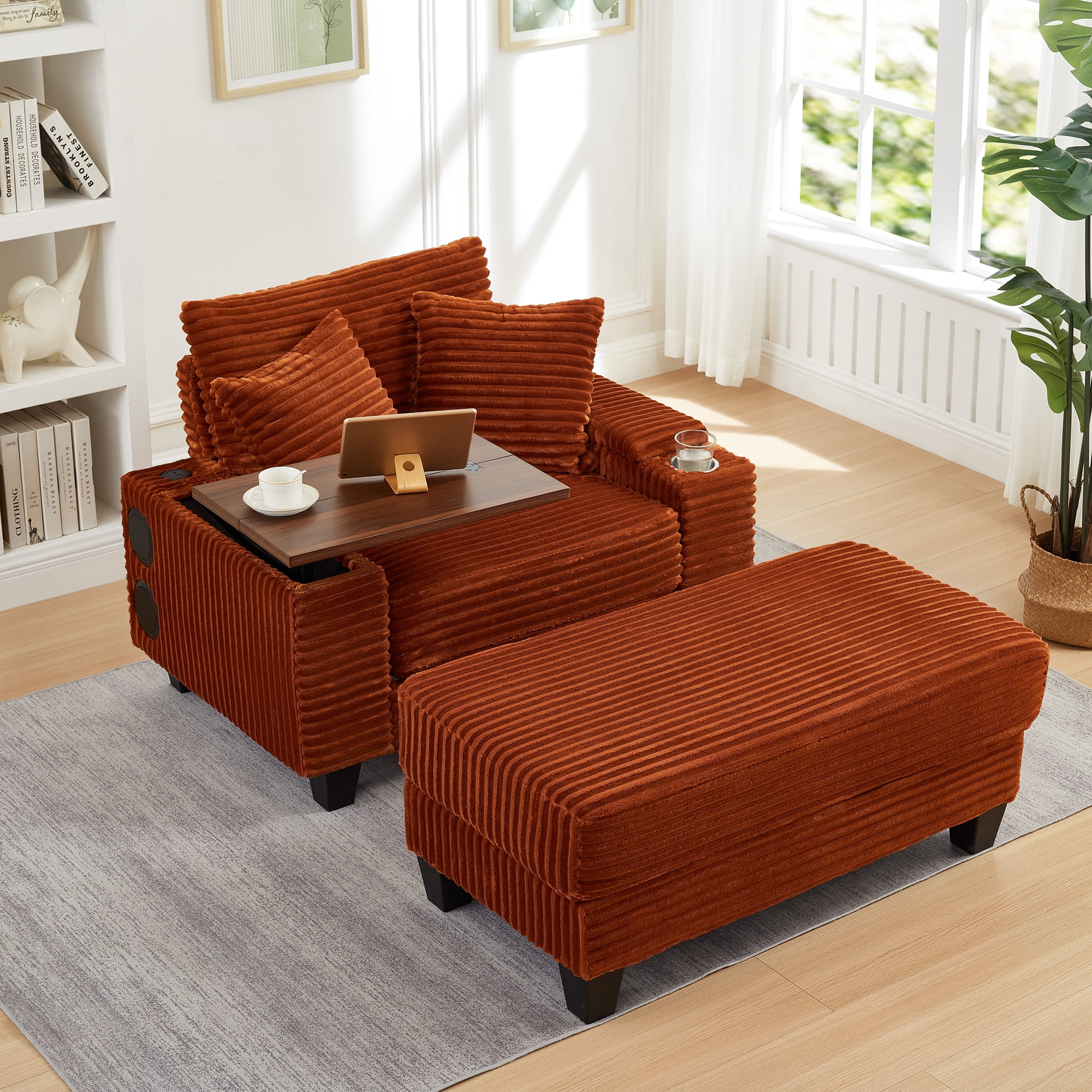 Chaise Lounge Chair Indoor,Corduroy Single Upholstered Sofa Bed with Ottoman,Cup Holder & USB Ports,180°Rotating Table Board for Living Room,Bedroom,Apartment,Orange