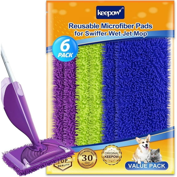 KEEPOW 6 Pack Wet Jet Pads Refills Compatible with SwifferWet Jet Mop, Heavy Duty Wet Jet Pads for WetJet Wood Floor Cleaning and Hard Surface, Reusable and Washable