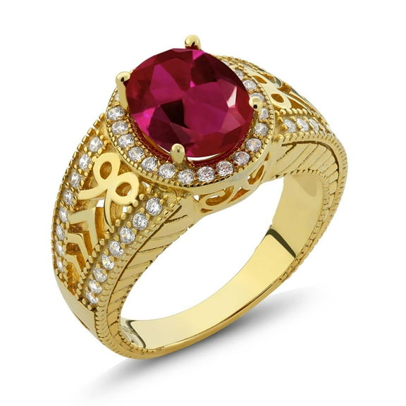 Gem Stone King 18K Yellow Gold Plated Silver Red Created Ruby Ring for Women (3.99 Cttw, Gemstone July Birthstone, Oval 10X8MM, Size 5)