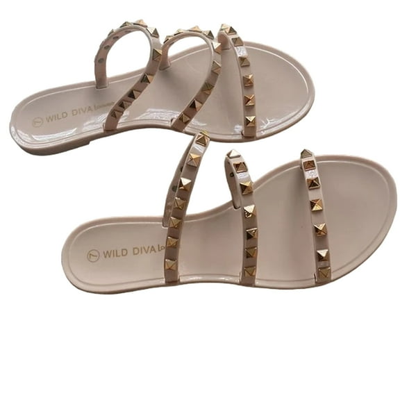 Wild Diva Joanie-211 3 Women's Strappy Caged Gold Pointed Studs Slip-on Jelly PVC Sandals NUDE 6