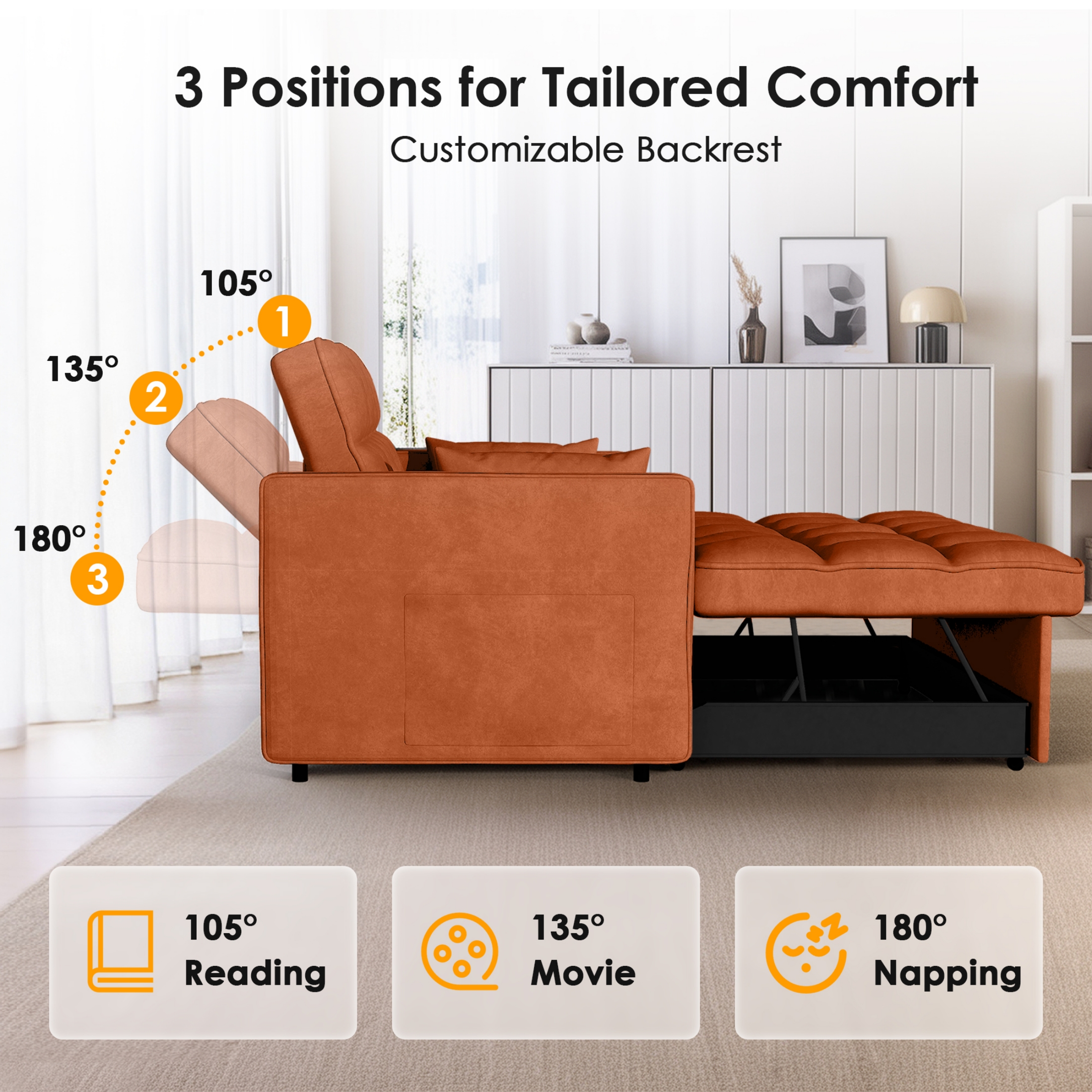 EPOWP Convertible Sofa Bed, 3 in 1 Pull Out Sleeper Loveseat Couch with Storage, Orange