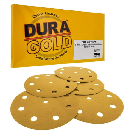 

Dura-Gold - 220 Grit - 5 Gold Sanding Discs - 9-Hole Pattern Dustless Hook and Loop for DA Sander - Box of 50