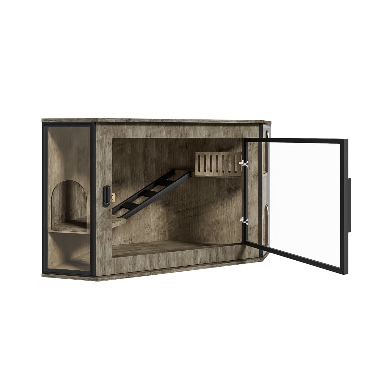 LuckyNote 48" Corner Cat Litter Box Enclosure, Modern Hidden Litter Cabinet with Acrylic Door & LED Light, Cat House with Playground Stairs