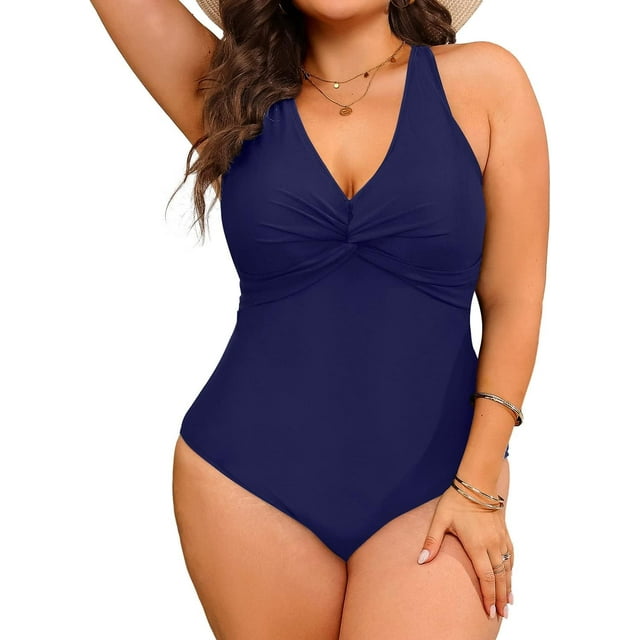 GFDYREE Women Plus Size One Piece Swimsuits V Neck Tummy Control Bathing Suits Front Cross Swimwear