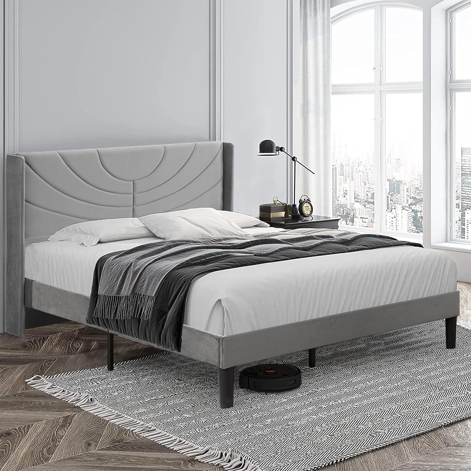 VECELO Queen Platform Bed Frame with Upholstered Headboard, Strong Wooden Slats/No Box Spring Needed, Dark Gray
