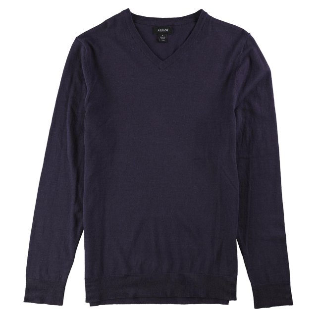 alfani suéter con cuello en v para hombre, morado, pequeño pullover liso de manga larga con cuello en V, puños y dobladillo acanalados; mezcla 64% algodón/20% nailon/16% modal, corte clásico sobre fondo blanco, apto para uso informal y todas las estaciones, también útil como capa ligera.