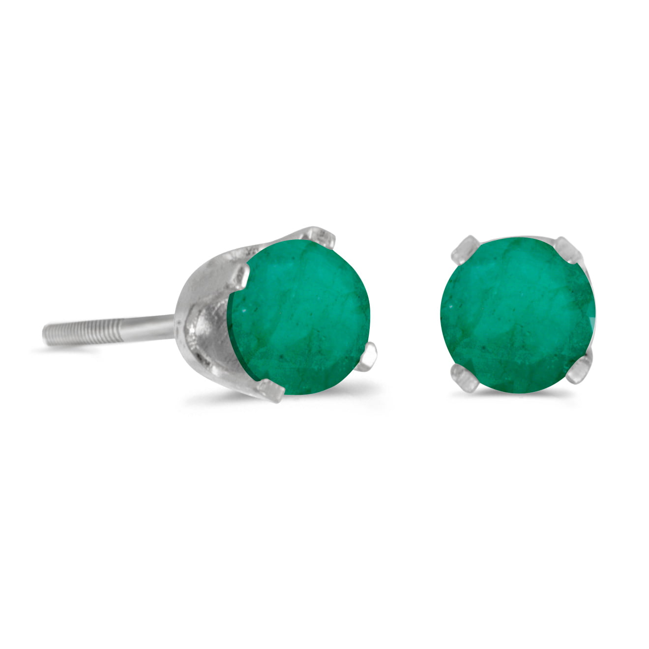 Flower Cluster Emerald Stud Earrings Screw Back 14K Solid White Gold 6mm 