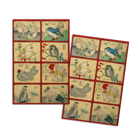 

Various Types of Birds Japanese Wood-Cut Print (4x6 Birch Wood Postcards 2-Pack Stationary Rustic Home Wall Decor)