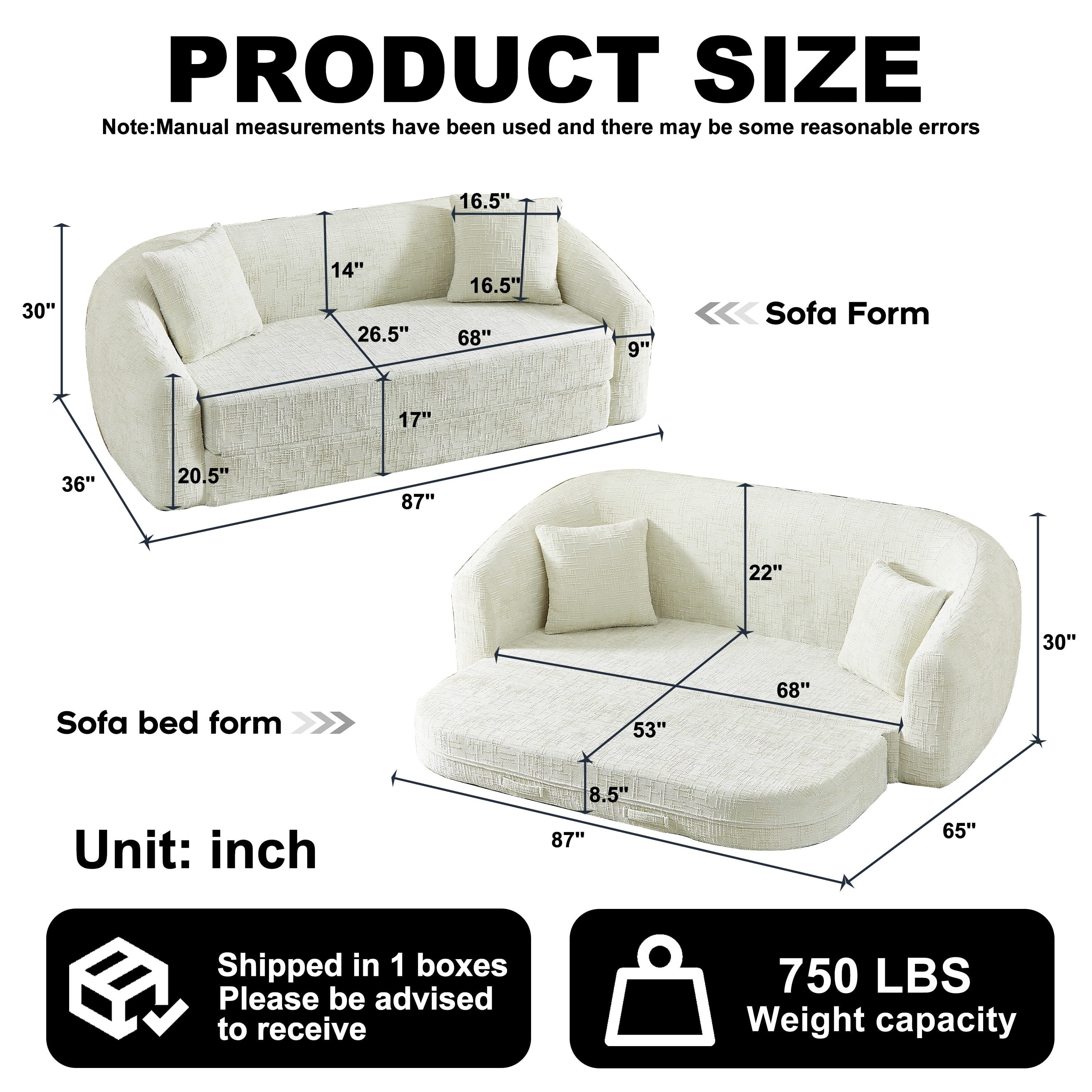 Leumius 87" Convertible Futon Sofa Bed, Corduroy Curved Boneless Couch with High Backrest, 2-in-1 Fold-Out Sleeper Sofa with Pull-out Couch Bed,Beige-Square Pillow