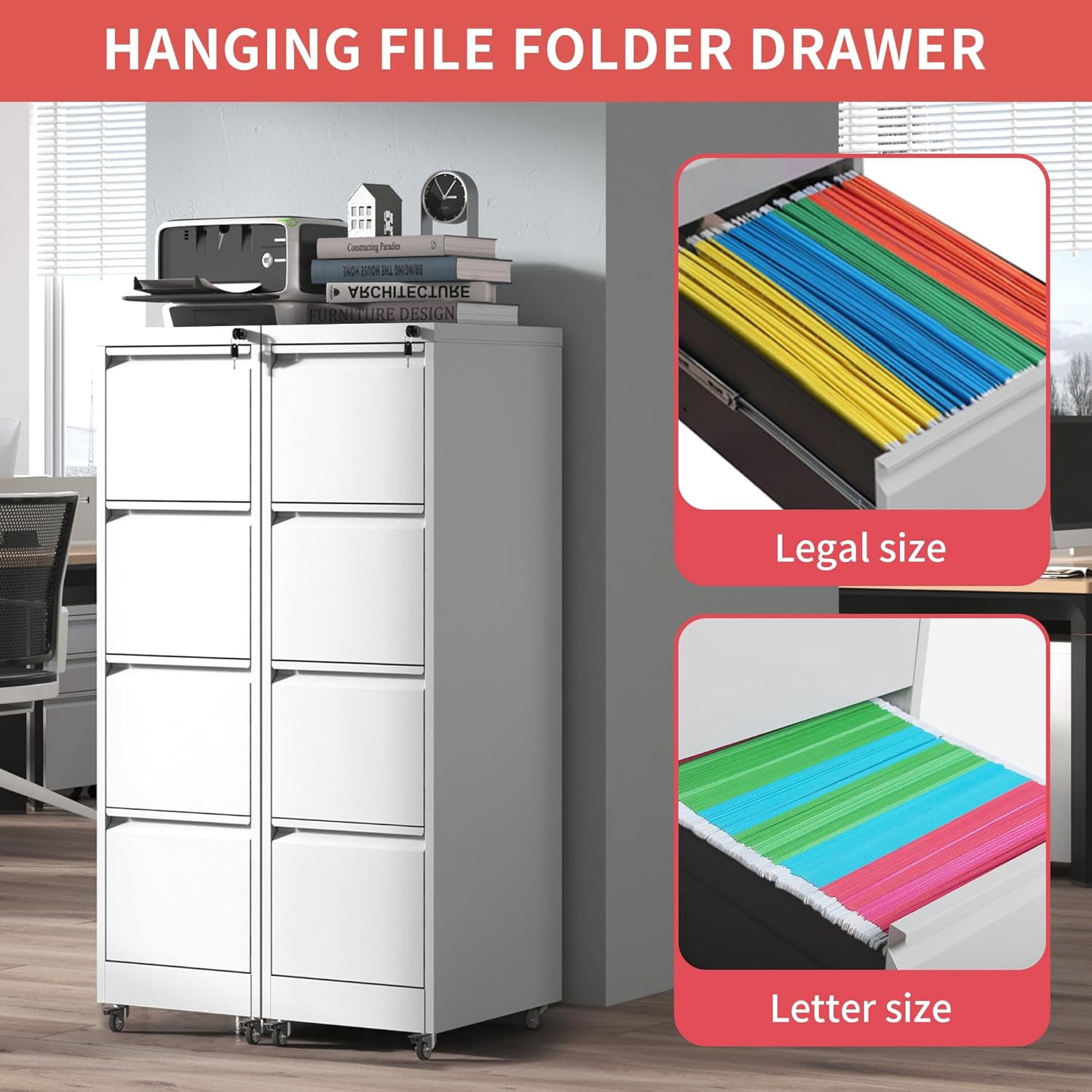 IKIMI 4-Drawer Vertical File Cabinets with Lock, Portable Rolling Metal Filing Cabinet for Legal/Letter/A4 Files, White