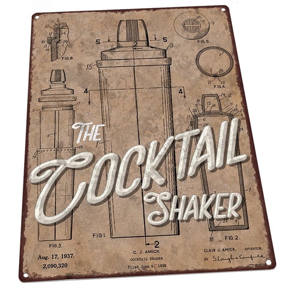 Cocktail Shaker Patent Illustration 9"x12" Metal Sign, Wall Decor for Mancave, Den, or Gameroom