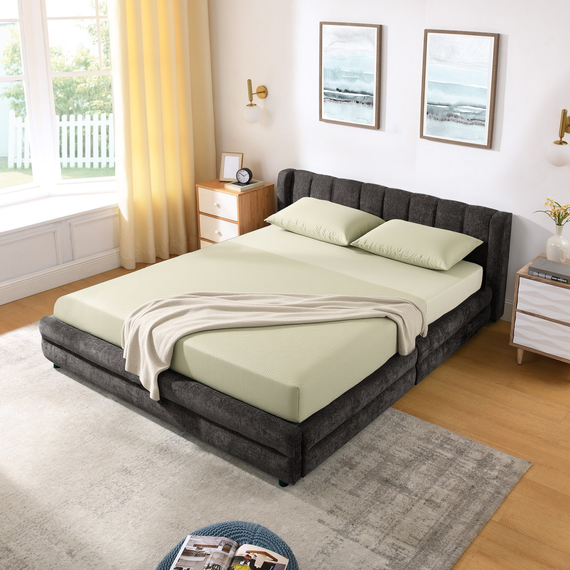 Ffz Queen Size Upholstered Bed Frame With Thick Fabric, Comfortable Upholstered Bed Frame, Chenille Fabric