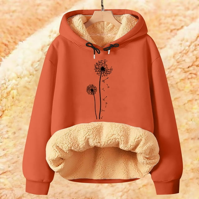 IMENGL Winter Spring warm fleece hooded sweatshirt falling dandelion, Orange M, Size M-5XL