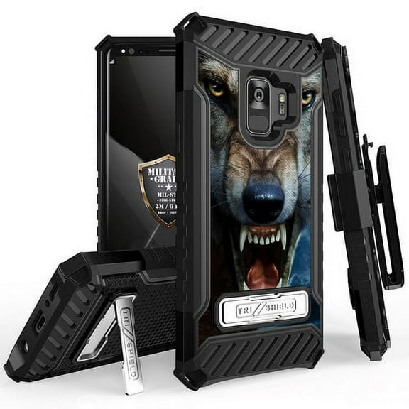 Galaxy S9 Case, Trishield Durable Rugged Heavy Duty Phone Cover With Detachable Lanyard Loop Belt Clip Holster And Built in kickstand For Samsung Galaxy S9 - Printed Wild Night Wolf