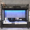 thumbnail image 2 of Full over Full Bunk Bed with Storage Shelves & Drawers, Multifunctional Metal Bunk Bed with USB Ports & LED Lights, Convertible Lower Bed to Sofa for Space Saving, Black, 2 of 15