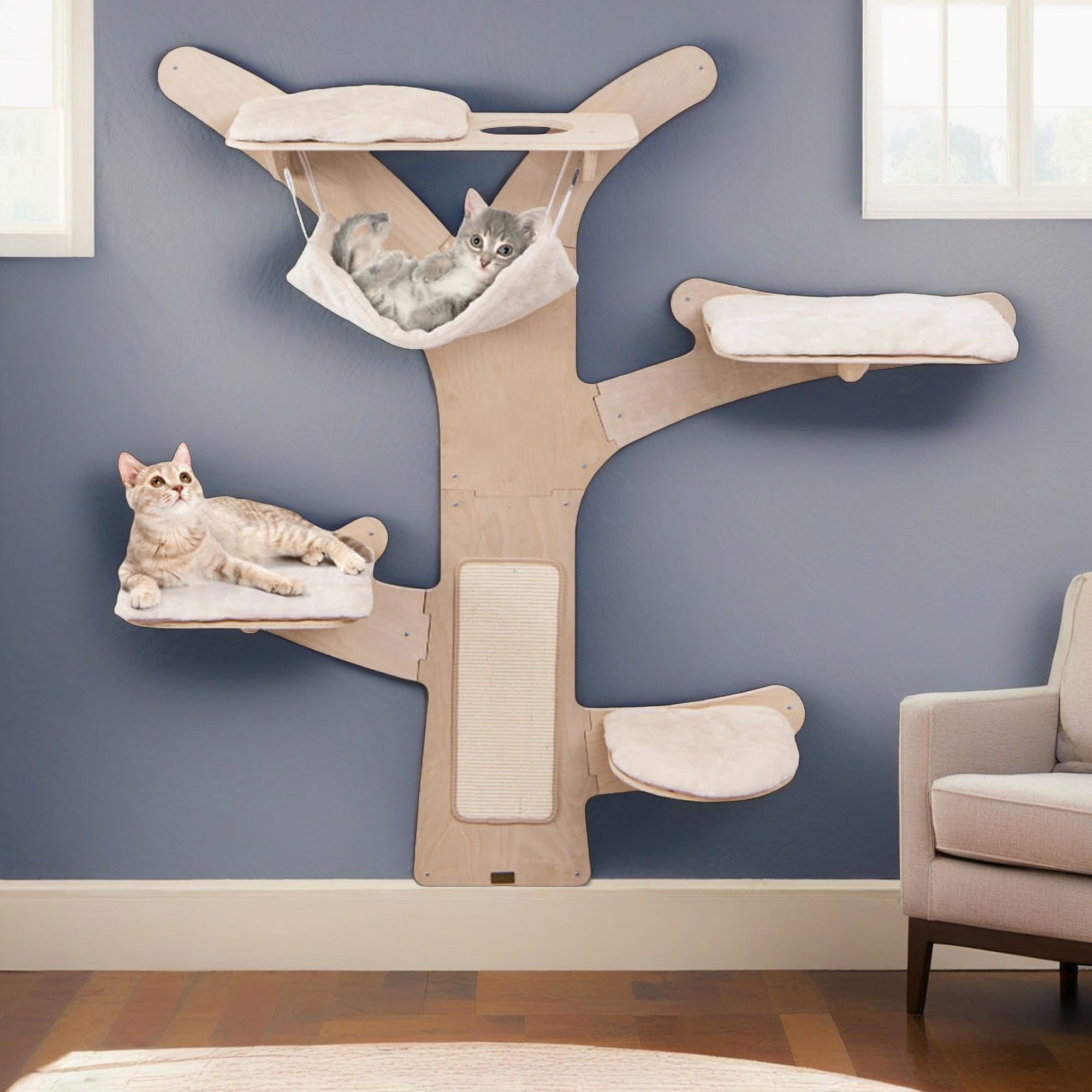 Pefilos 71" Wall-Mounted Cat Tree Tower with Hammock Platforms and Sisal Scratching Mat, Cat Wall Climber Shelves, Beige
