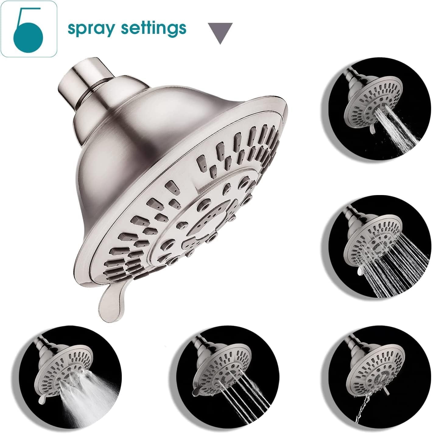 Bright Showers Bathroom High Pressure 5 Spray Setting Fixed Rain Shower Head - Brushed Nickel