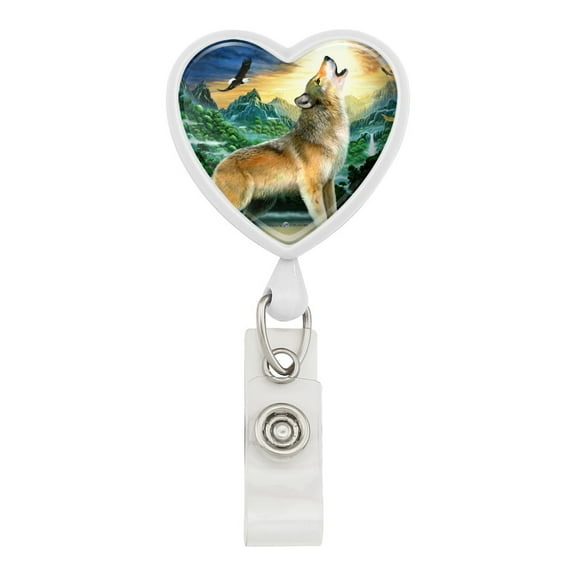 Howling Wolf Sunset Forest Butterflies Heart Lanyard Retractable Reel Badge ID Card Holder