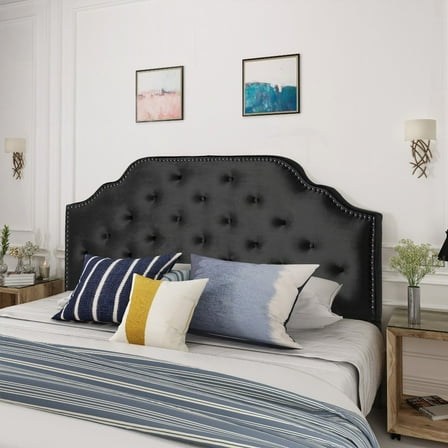 Tufted Headboard Queen - Solid Wood, Adjustable, Button & Nailhead