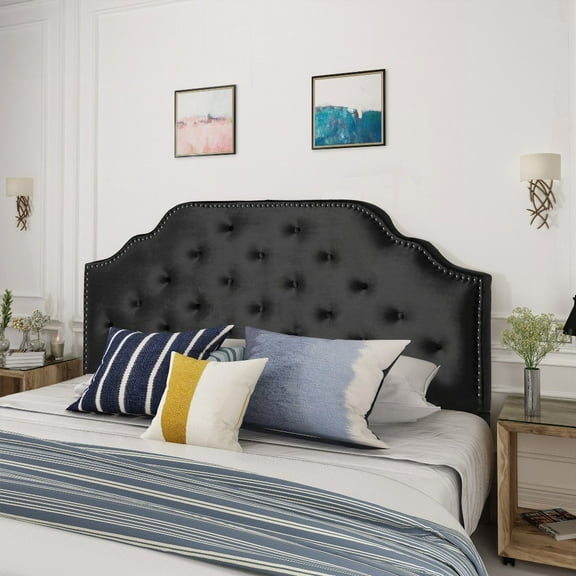Tufted Headboard Queen - Solid Wood, Adjustable, Button & Nailhead