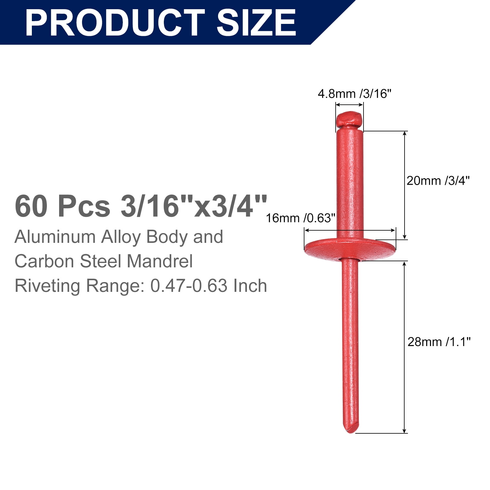 Uxcell 60Pcs 3/16"x3/4" Aluminum Blind Rivets, Large Flange Rivets Fasteners, Red