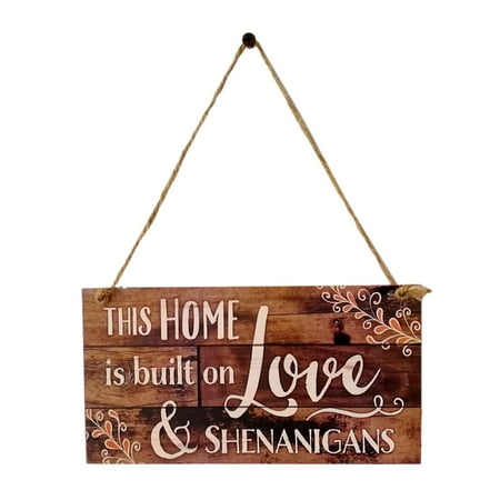 Hanging Wood Sign - This Home is Built on Love Wood Plank Design Hanging Sign Holiday Door Decoration Wooden Wall Sign