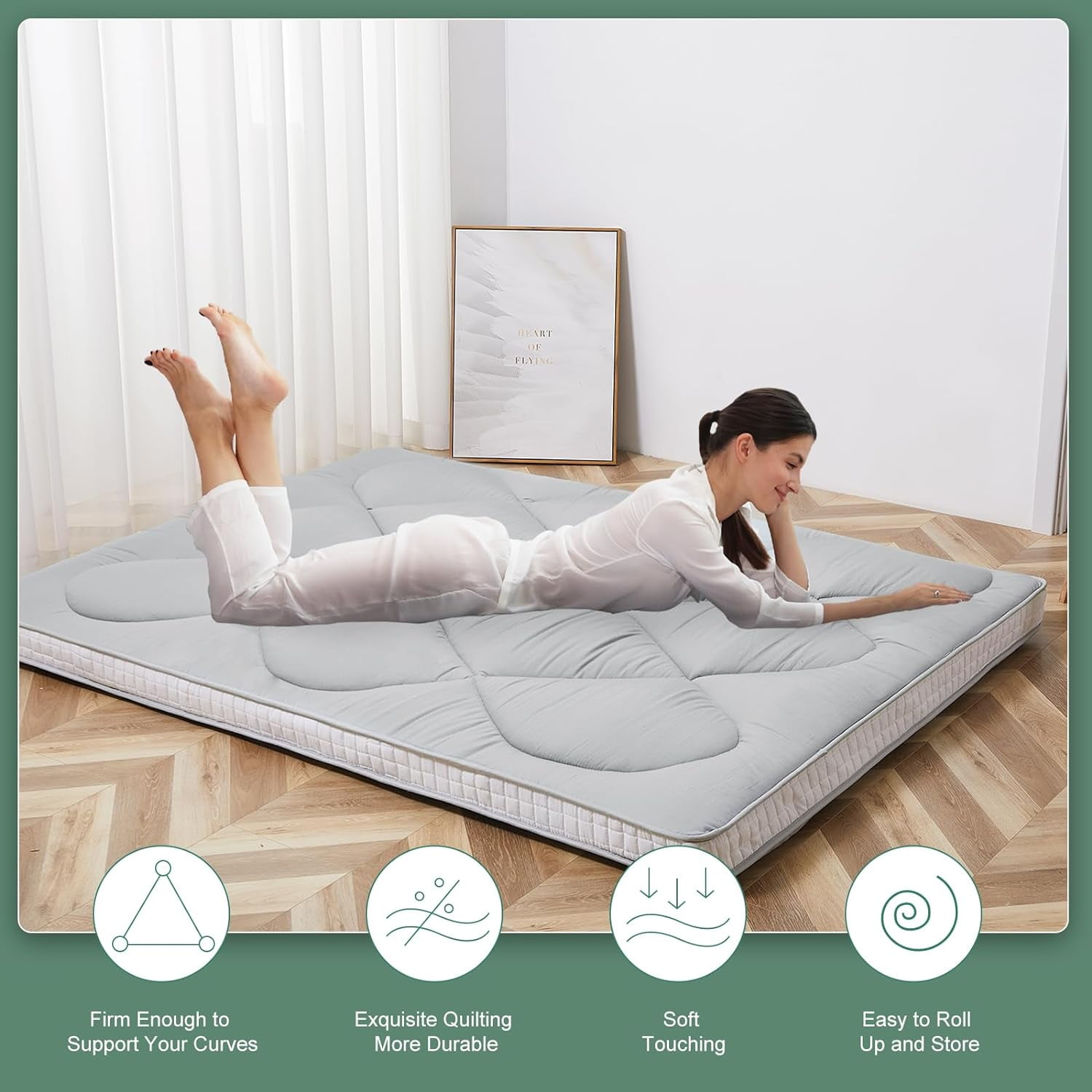 ABORON 3.5" Thick Floor Mattress Futon Mattress Twin Size Japanese Roll-up Sleeping Mattress Folding Sleeping Pad Breathable Floor Lounger Guest Bed for Camping Couch