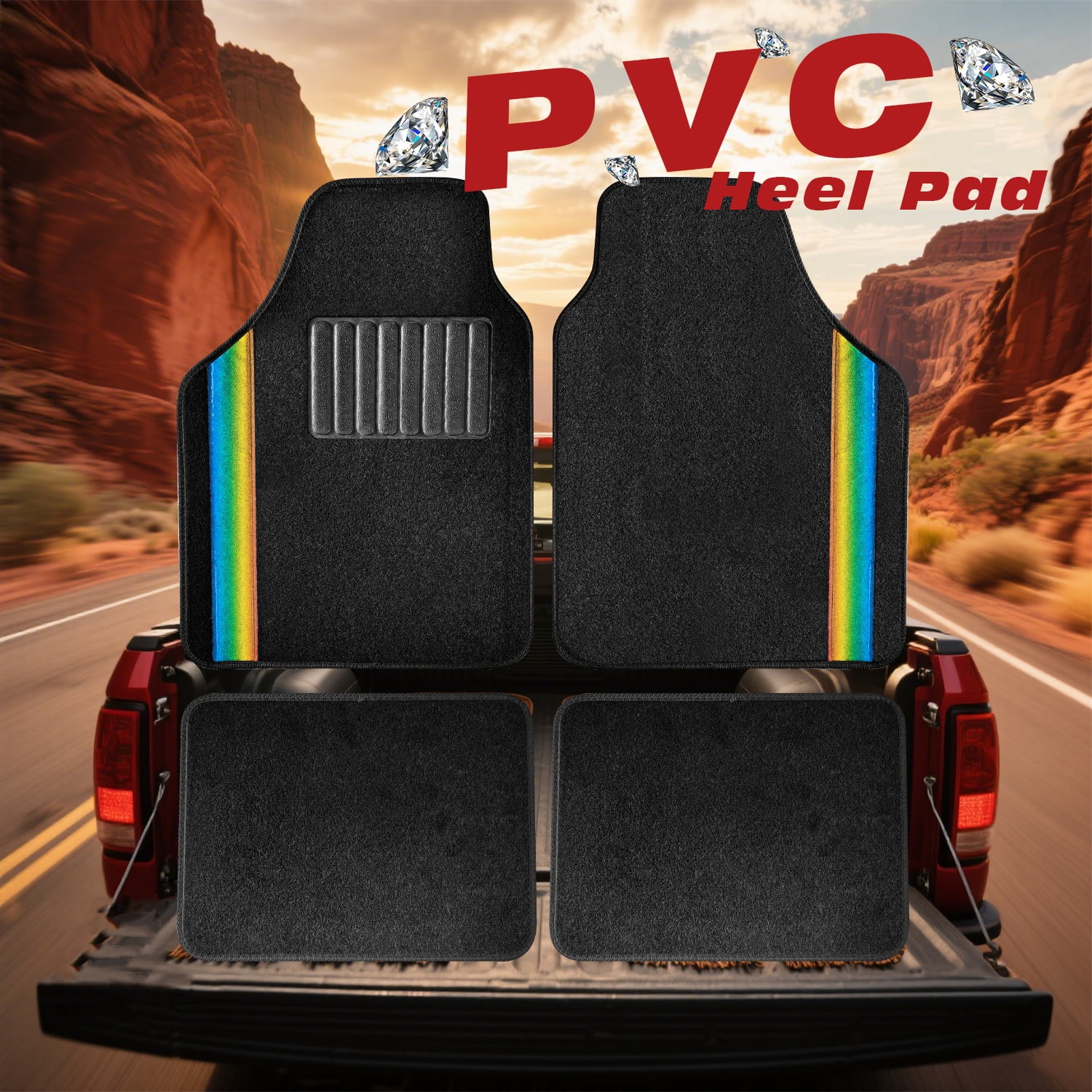 4 Pcs Bling Car Floor Mats with Holographic Rainbow Crystal, Universal Fit Carpet Liners for Women Girls, Non-Slip Waterproof (Black + Holographic Rainbow Crystal)