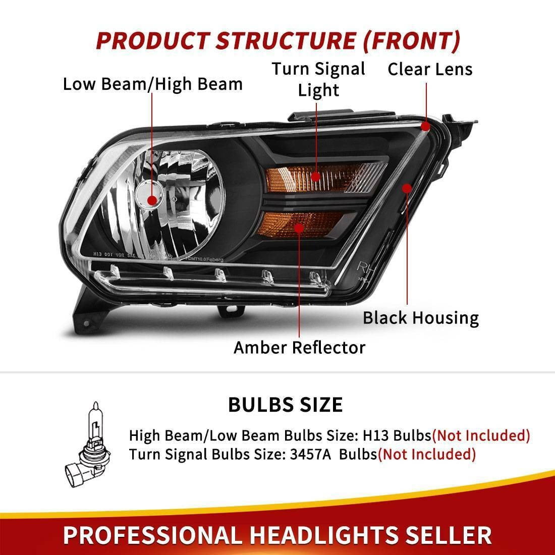 RVNI Headlight Assembly Compatible with Ford Mustang 2010 2011 2012 2013 2014 Black Housing with Clear Lens