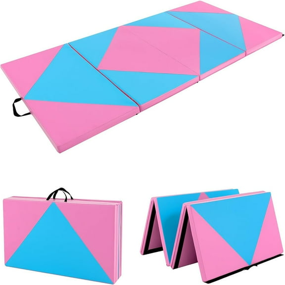 2"Thick Gymnastics Mat, 4'x8' Folding Tumbling Mat with Loop Fastener and Hook, Cheer Mats with Carrying Handles for Kids Adults Home Exercise Aerobics Fitness, Pink Blue