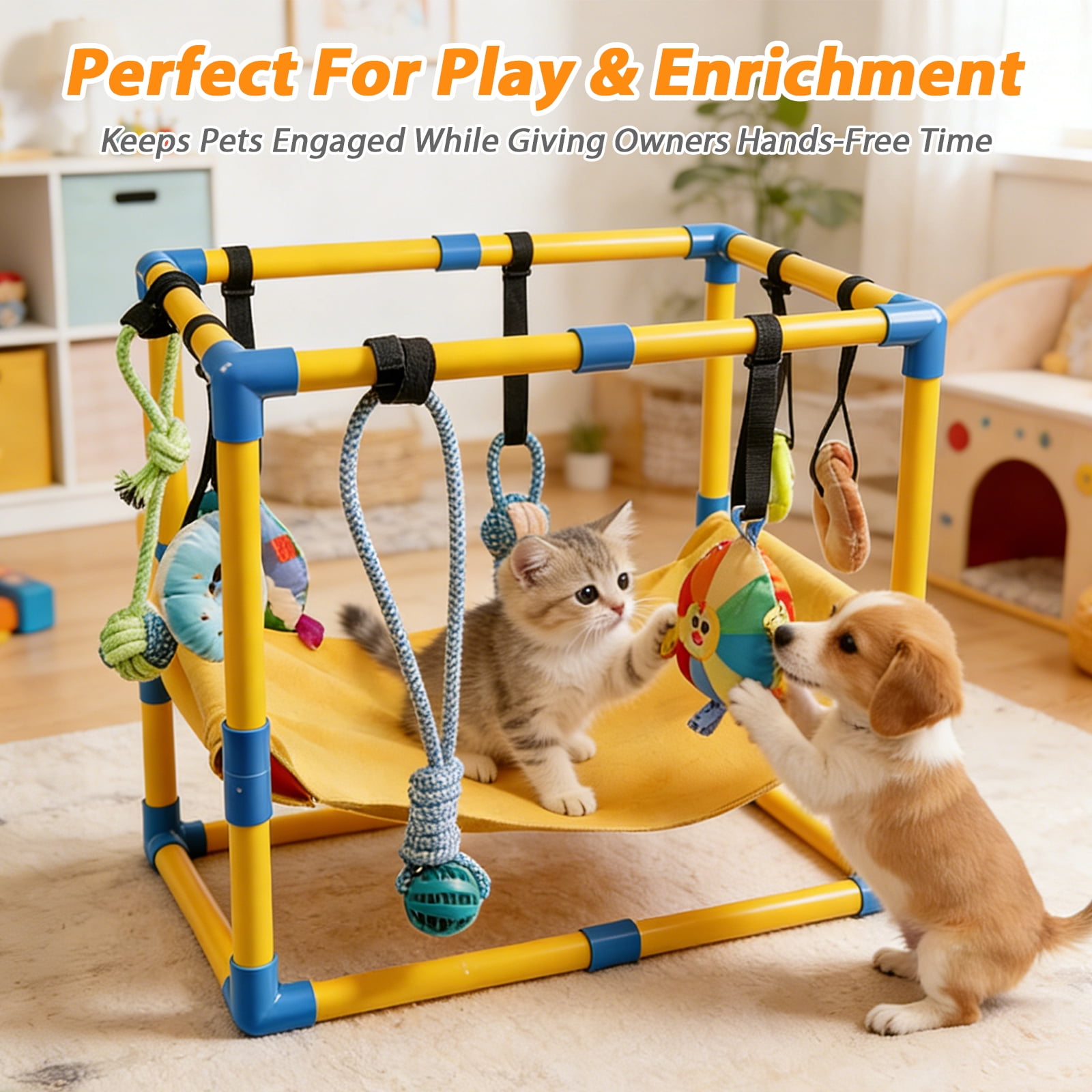 JDNRXO Puppy Play Gym with Hammock - 8 Hanging Toys & Enrichment Center for Small Dogs, Adjustable PVC Indoor Jungle Gym with Bungee Straps