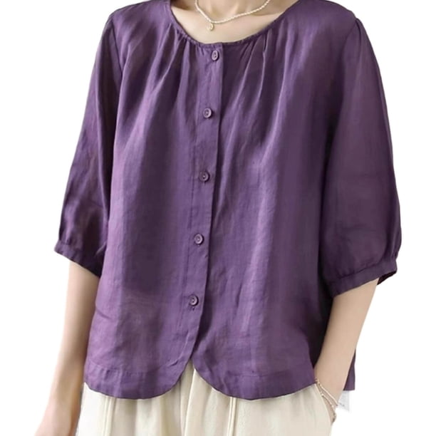 TaTaai Linen Embroidered Three-quarter Sleeve Top Vintage Loose-fitting Embroidered Round-neck T-shirt For Women Three-quarter Sleeve Round-neck Top/shirt Gift