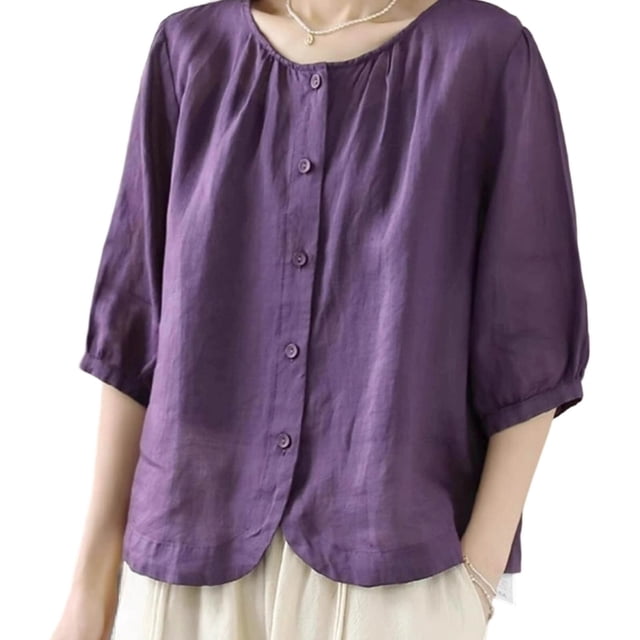 TaTaai Linen Embroidered Three-quarter Sleeve Top Vintage Loose-fitting Embroidered Round-neck T-shirt For Women Three-quarter Sleeve Round-neck Top/shirt Gift