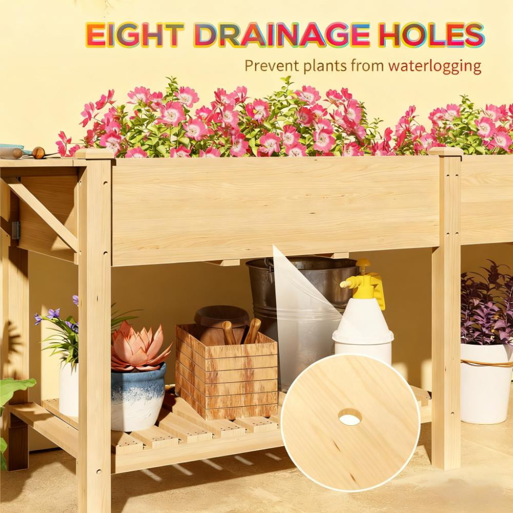 Elevated Garden Bed, Wood Raised Garden Box with Side Table, Bottom Shelf, Bed Liners and Drainage Holes