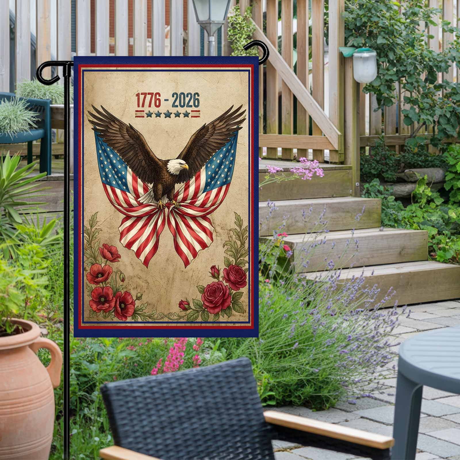 4th of July Garden Flags Majestic Bald Eagle Garden Flag Double Sided Welcome Flag Patriotic USA Flag Roses Independence Day Yard Flags for Outdoor Lawn Porch Memorial Day Holiday Decor 28x40 Inch