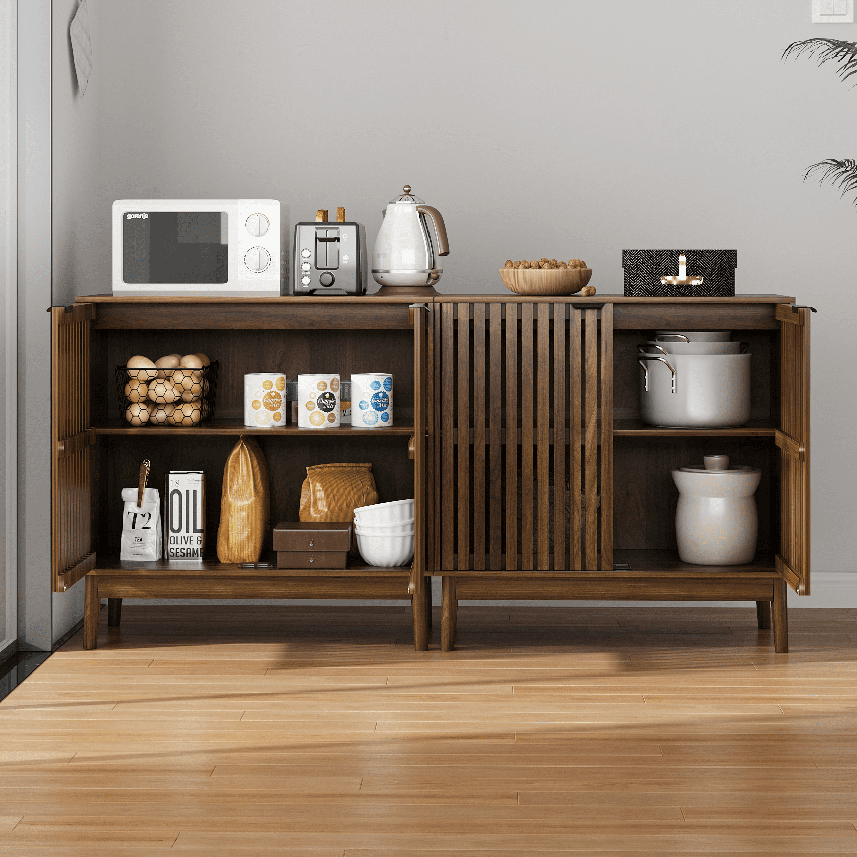 Algherohein Sideboard Cabinet with 4 Door & Adjustable Shelves, Kitchen Storage Organizer, Home Decor TV Stand for Living Room, Walnut