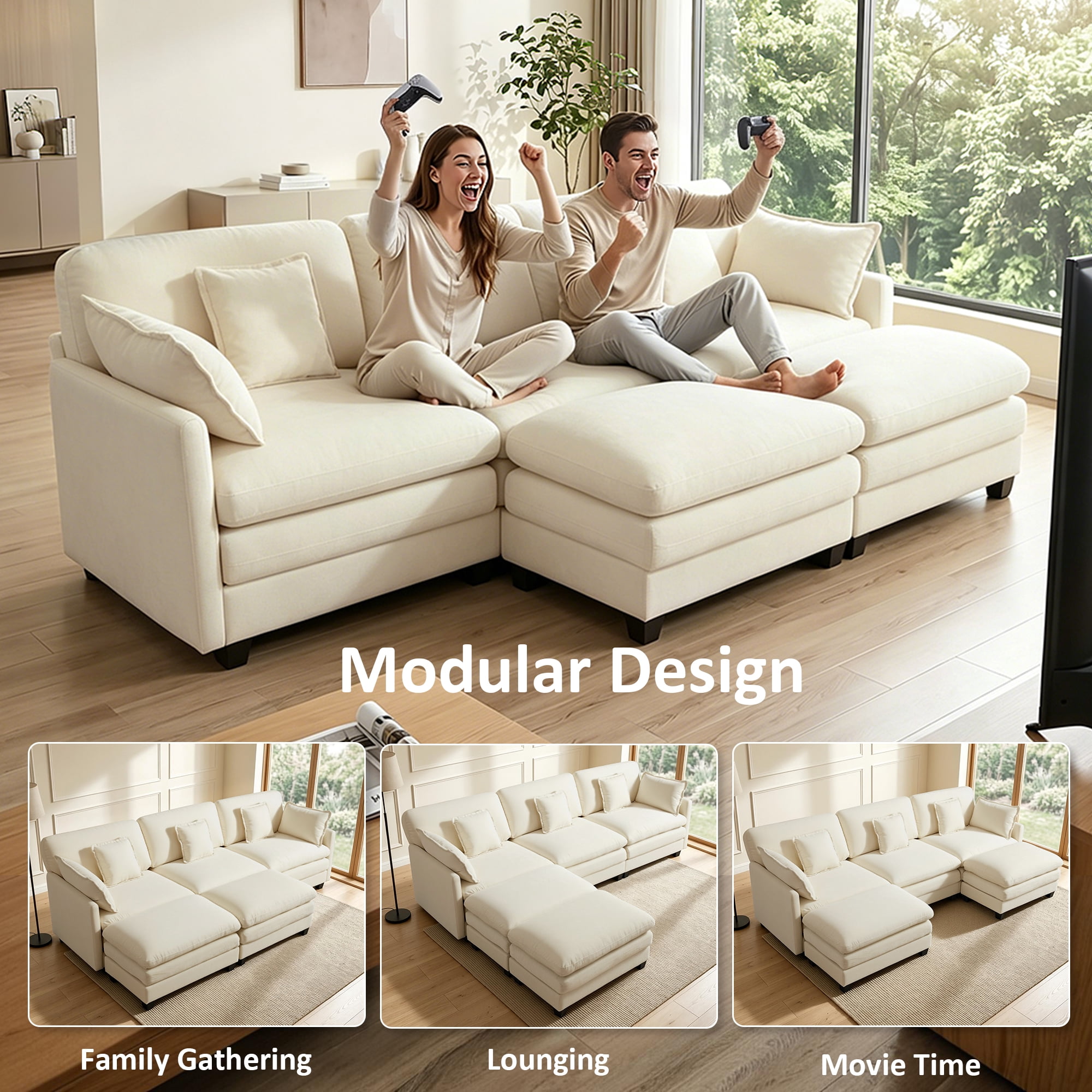 MCombo 111.8''  U-Shaped Modular Sectional Sofa Couch with Chaise Ottomans for Living Room, FSC Certified, Beige