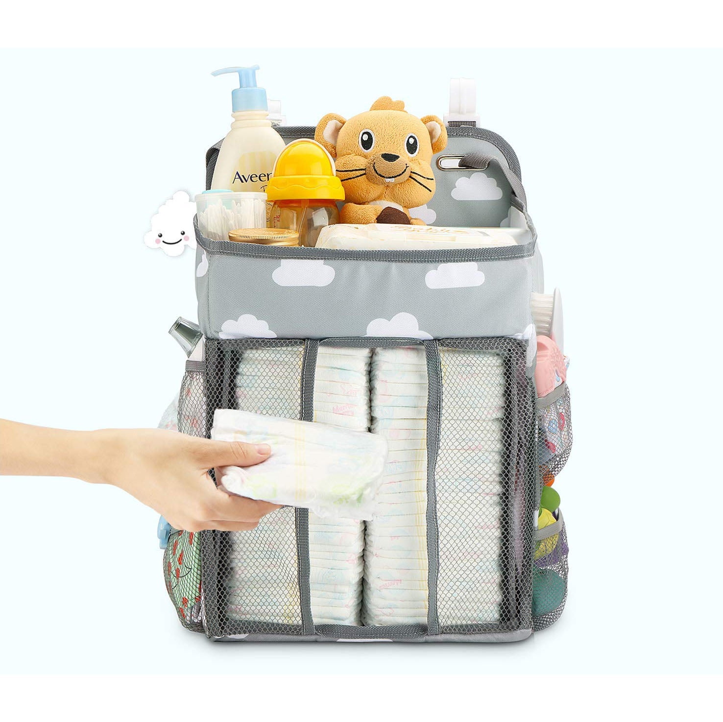 Hanging Diaper Caddy Organizer, Baby Diaper Organizer Storage Bag for Changing Table, Cot, Playard and Wall, (Gray Cloud)