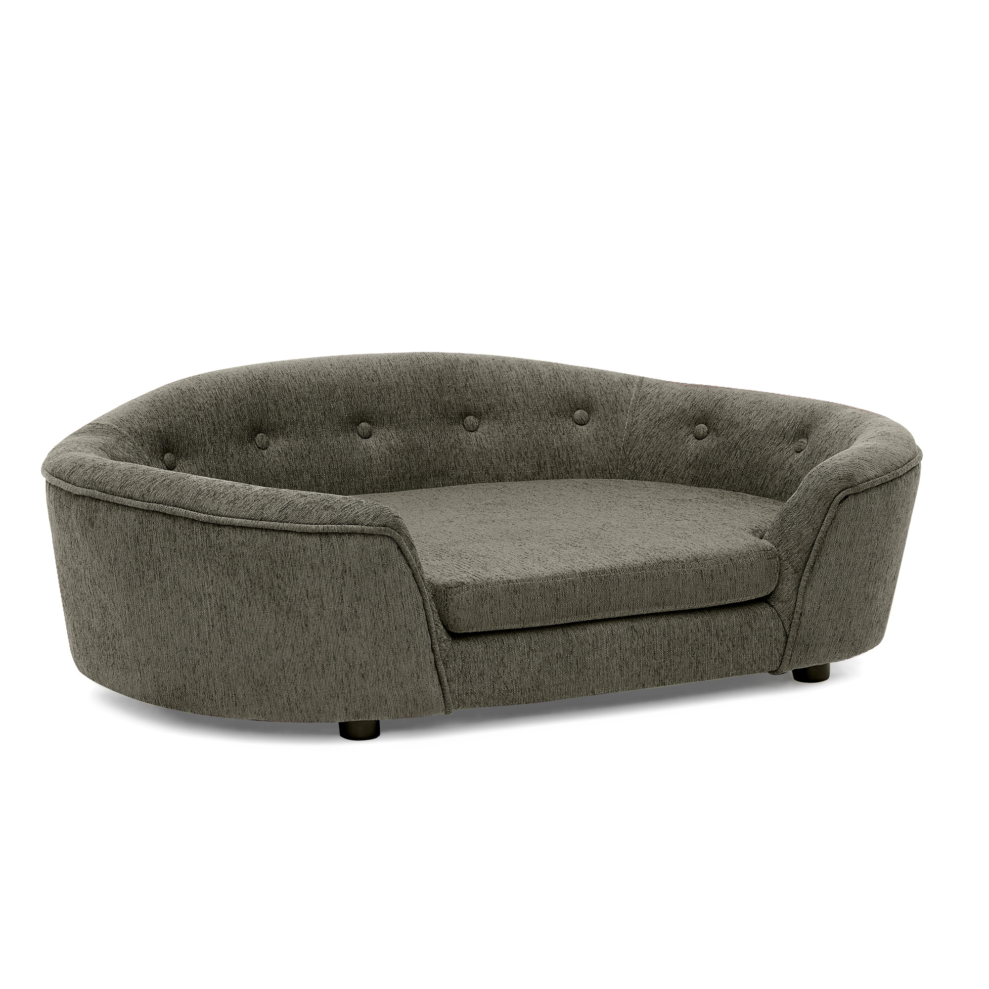 Oval Semi-Enclosed Dog Sofa, Durable Linen Material, Button-Tufted Backrest, High-Center Low-Sides Support & Plush Comfort, Dark Gray