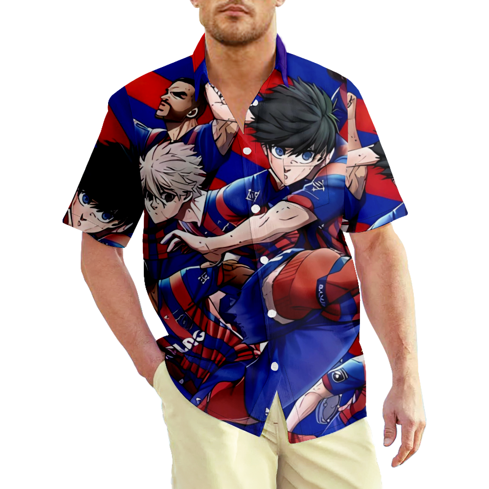 Blue Lock Print T Shirts For Men Blue Lock Front Buttons Chest Pocket 