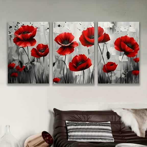 2D Flat, [JIT]3pcs, decorative painting--frameless, Vibrant Red Poppies Canvas Art - Ideal Wall Decor for Modern Home, Holiday gifts, birthday gifts, Mothers Day, Fathers Day, home decor, 2D/Flat, P