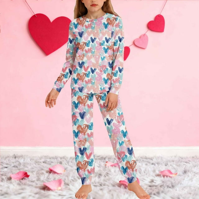 Conjuntos de blusa y camisa de manga larga con cuello redondo para niños y niñas de 5 a 14 años con estampado y bolsillo. Conjunto de top y pantalón de manga larga.