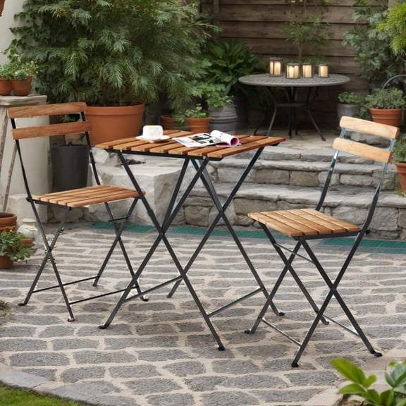 GVN Outdoor Dining Sets,Patio Dining Sets,3 Piece Patio Acacia Wood Bistro Set with Slatted Seat and Tabletop-Brown