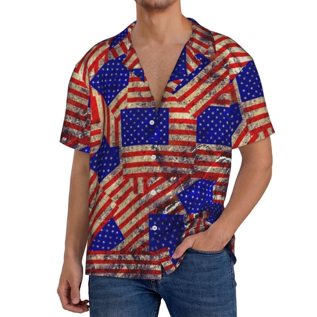 Balery Vintage USA Flag Camisa Casual de Manga Corta con Botones para Hombre, Texturizada, Estilo Cubano, para Playa, Verano-4X-Large