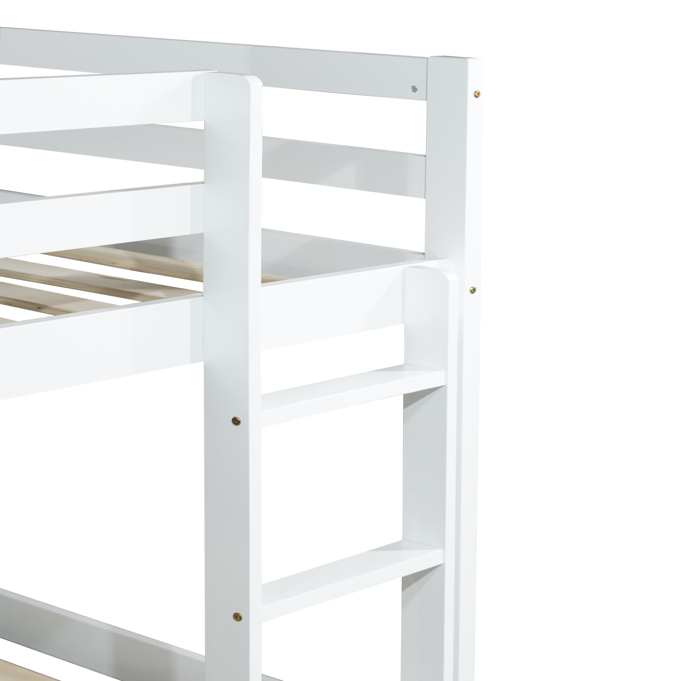 Noble House Alina Twin Over Twin Floor Bunk Bed with Ladder, Solid Rubber Wood Frame with Strengthened Slats, White
