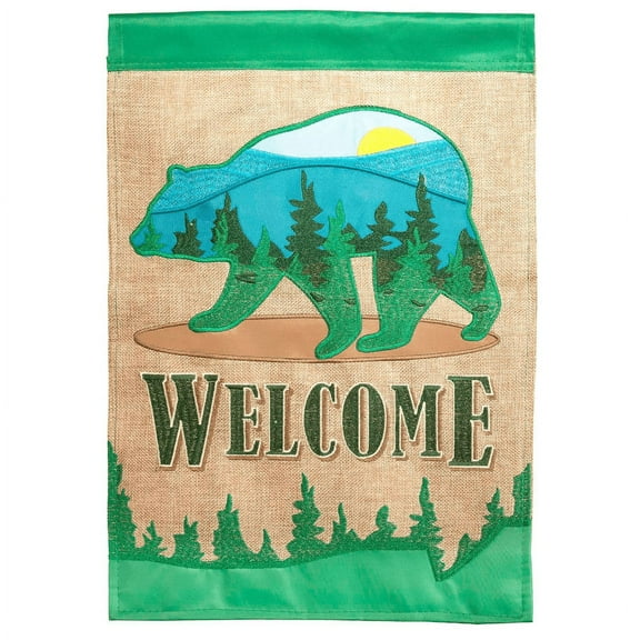Magnolia Gardens M011343 13 x 18 in. Double Applique Welcome Mountain Bear Burlap Garden Flag