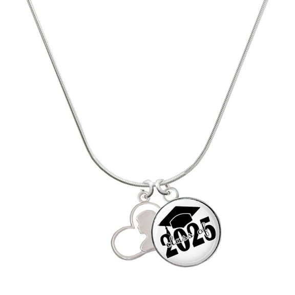 Delight Jewelry Silver-tone Girl Silhouette in Heart - Script Class of 2025 Dome Charm Necklace, 18"