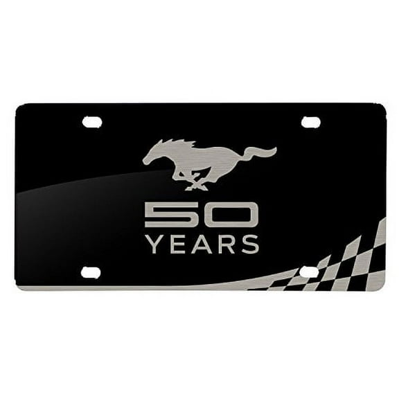 Ford Mustang 50 Years Laser Mark Checker Stripe Black Acrylic License Plate
