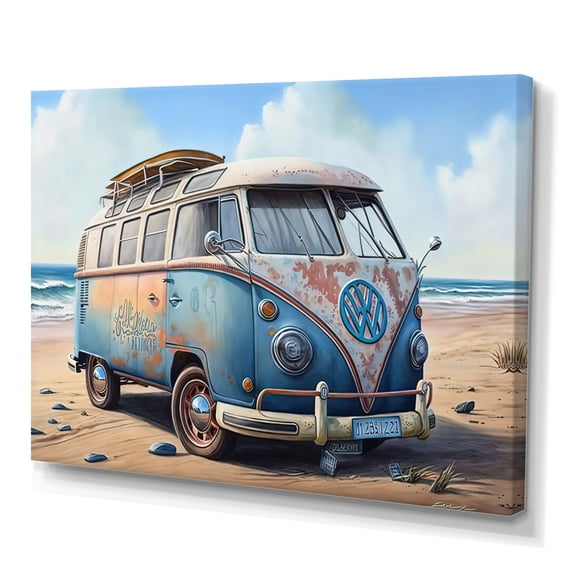 Designart 70S Surfing Van At The Beach III Canvas Wall Art
